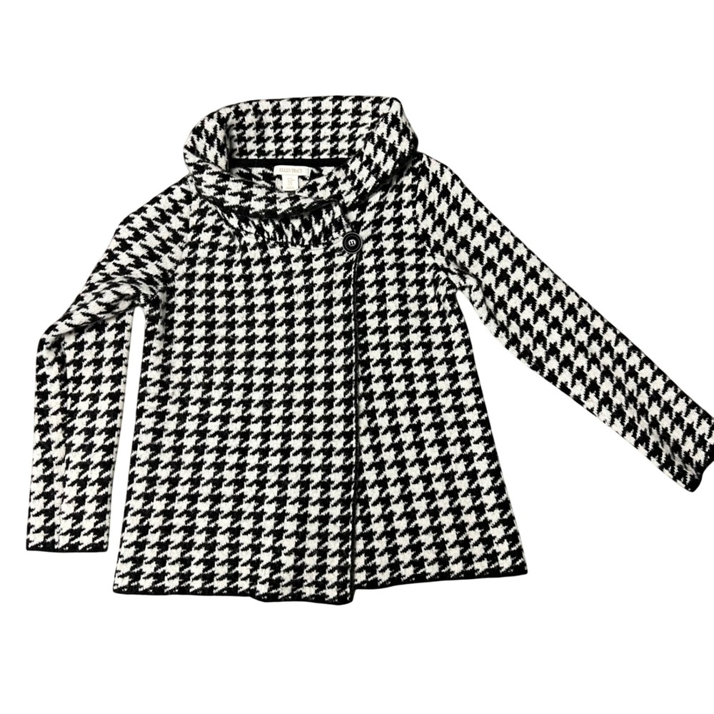 Ellen Tracy Houndstooth Wool Blend Cardigan Sweater Jacket Funnel Neck Black M